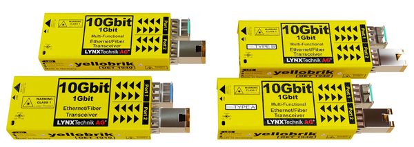 Four yellow Ethernet fiber transceivers.