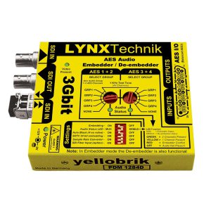 Yellow LYNX Technik audio interface device with multiple connectors.