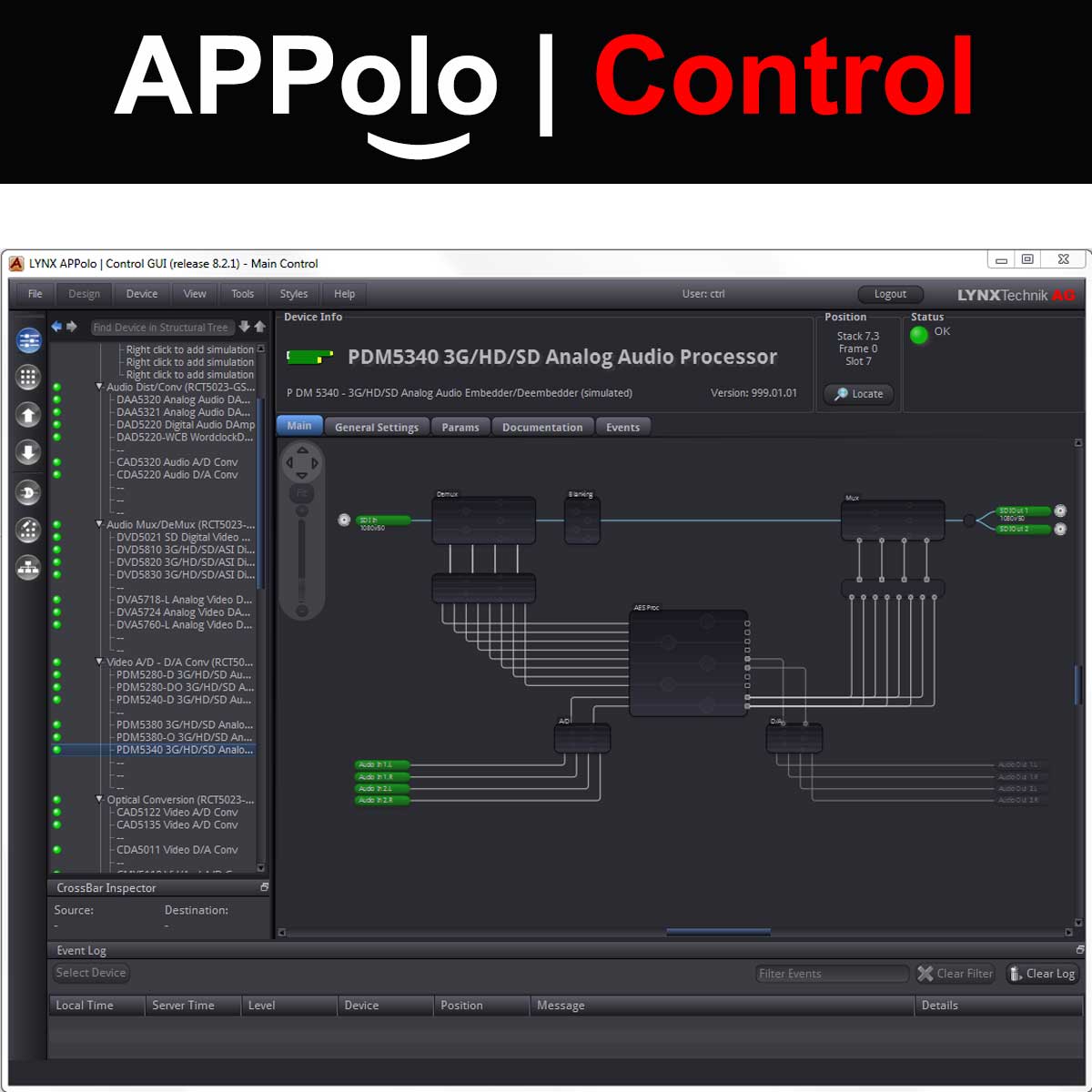 Interface of APPolo Control showing an audio processing graph. | LYNX Technik USA Interface of APPolo Control showing an audio processing graph.