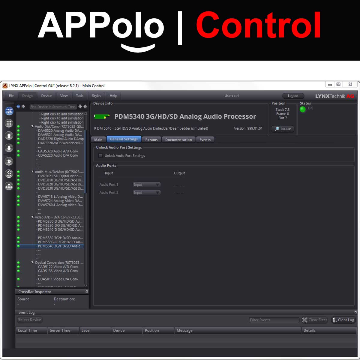 Screenshot of APPolo Control software interface showing device status and logs. | LYNX Technik USA Screenshot of APPolo Control software interface showing device status and logs.