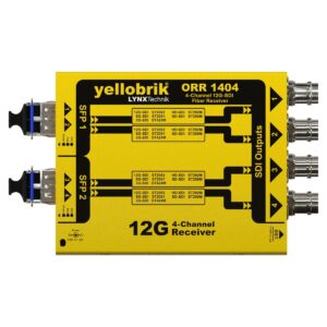Yellow 12G 4-channel SDI fiber receiver (ORR 1404) with four SDI outputs on the right.