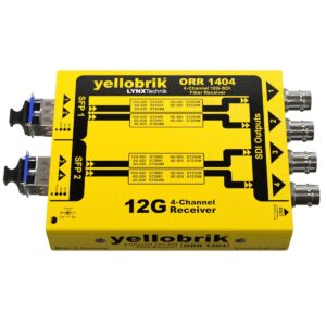 Yellow Yellobrik ORR 1404 12G 4-channel SDI fiber receiver with four BNC outputs on the right and two connectors on the left side, labeled SF P1/2 and power indicators