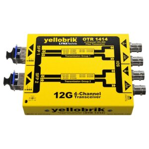 Yellobrik OTR 1414 12G, 4-channel SDI fiber transceiver box showing connectors on the sides, yellow labeling.