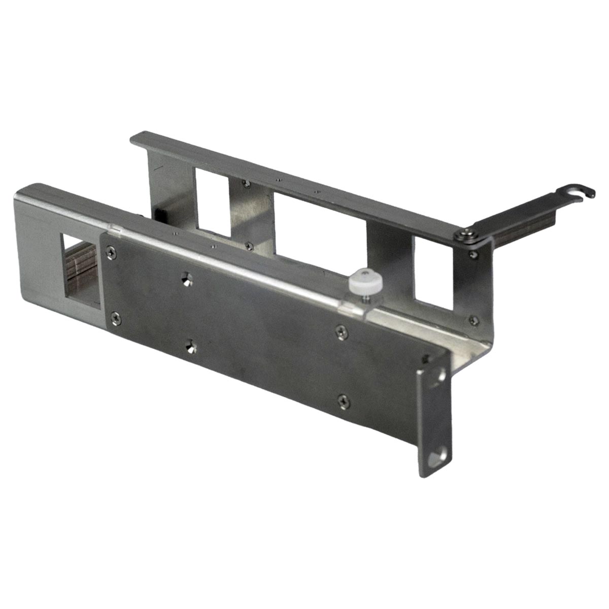 RXTA200 1 | LYNX Technik USA Metal mounting bracket with a sliding rail and white adjustment knob, used for precise positioning in equipment.