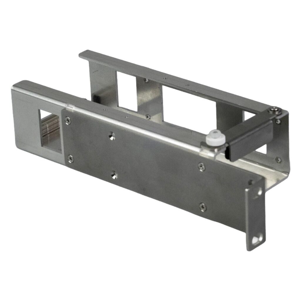 Metal linear slide bracket with a sliding carriage and mounting plate, used in machinery.