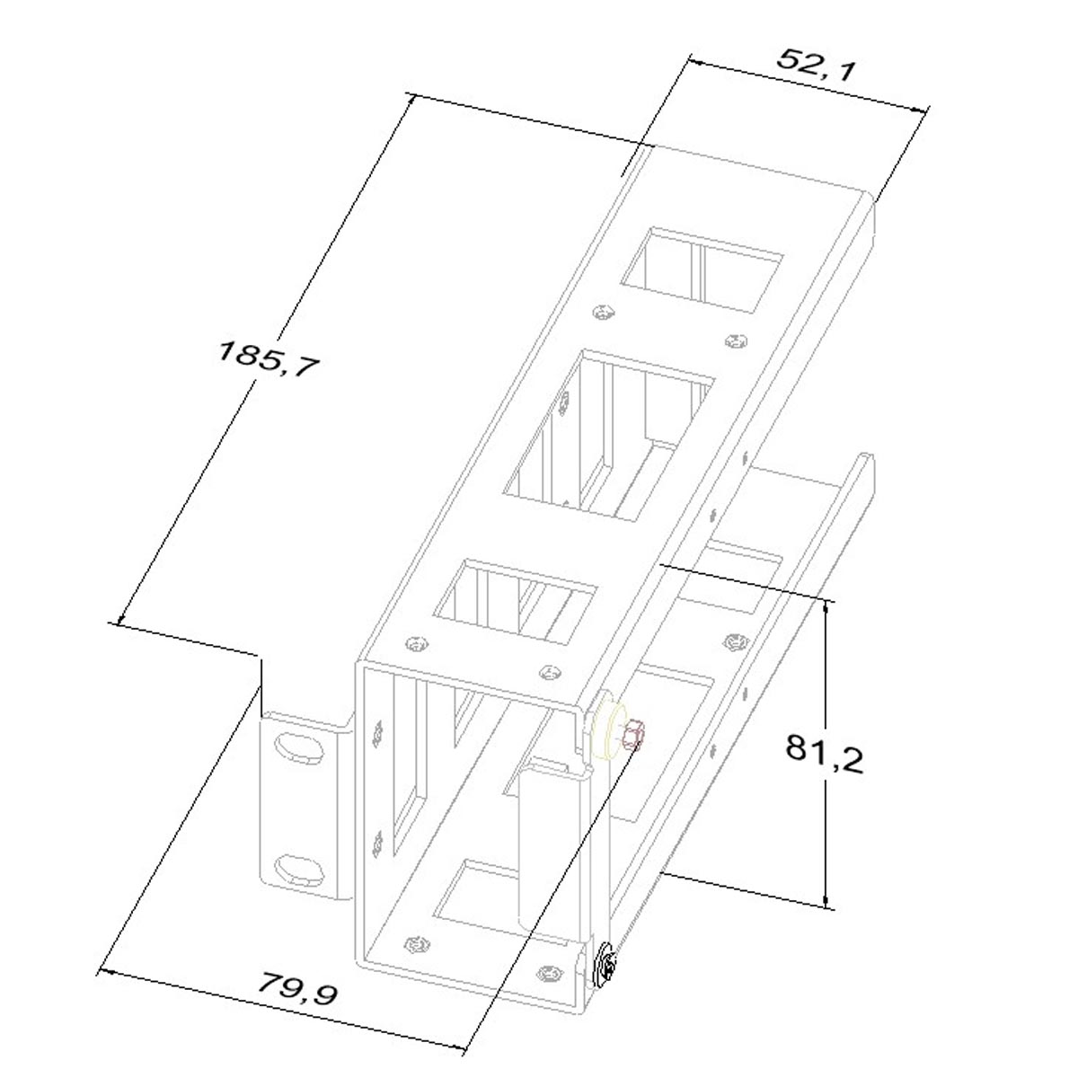 RXTA200 3 | LYNX Technik USA Isometric CAD drawing of a rectangular enclosure with mounting holes, internal rails, and cutouts, showing overall dimensions (length 185.7 mm, width 52.1 mm, height 81.2 mm).