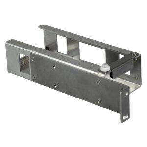 Metal linear slide bracket with a sliding carriage and mounting plate, used in machinery.