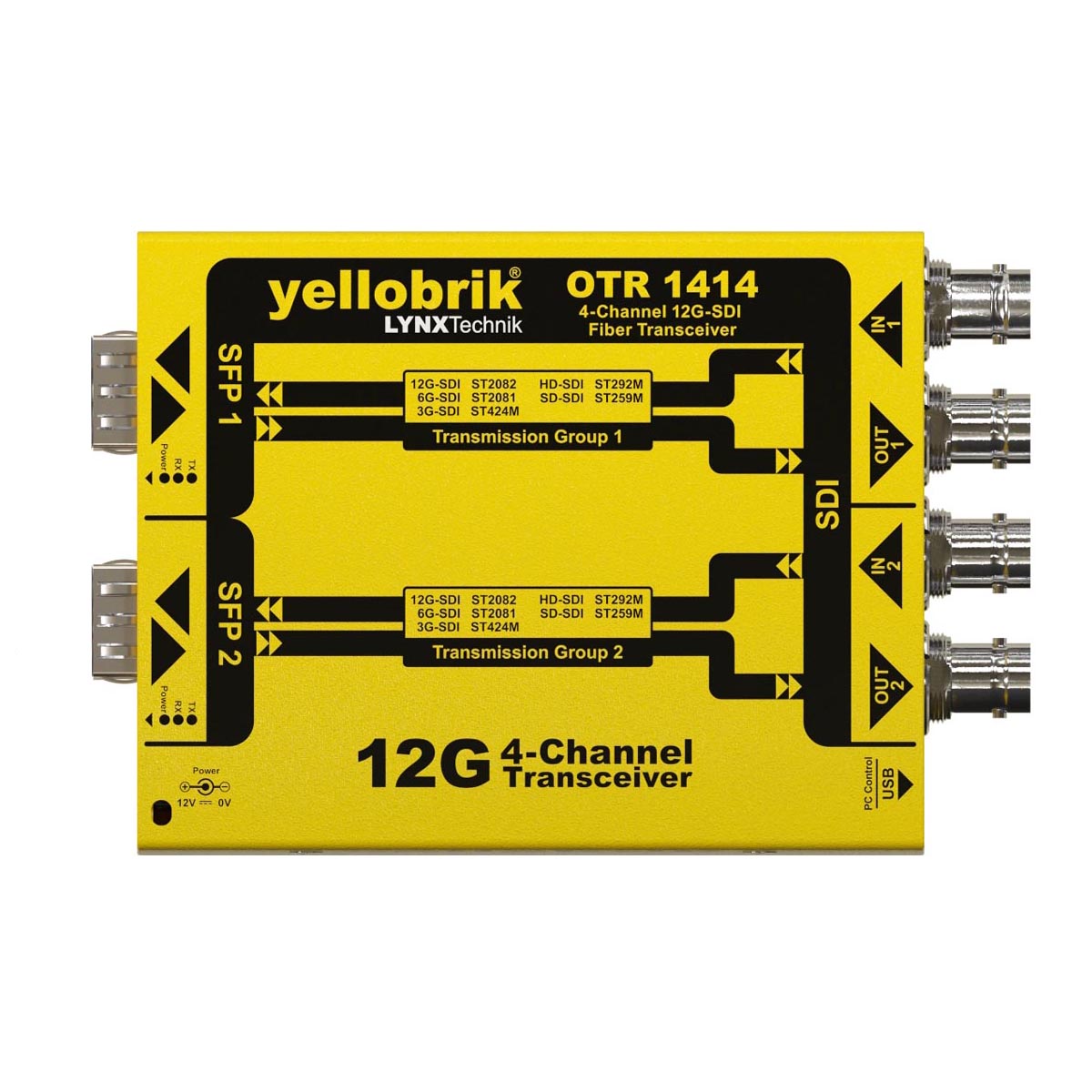 OTR1414 3 CW | LYNX Technik USA Yellow Yellobrk 4-channel SDI fiber transceiver module (OTR 1414) viewed from side with multiple BNC output connectors