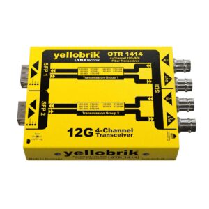 Yellow 12G 4-channel fiber transceiver module (OTR 1414) with four SDI ports labeled IN/OUT