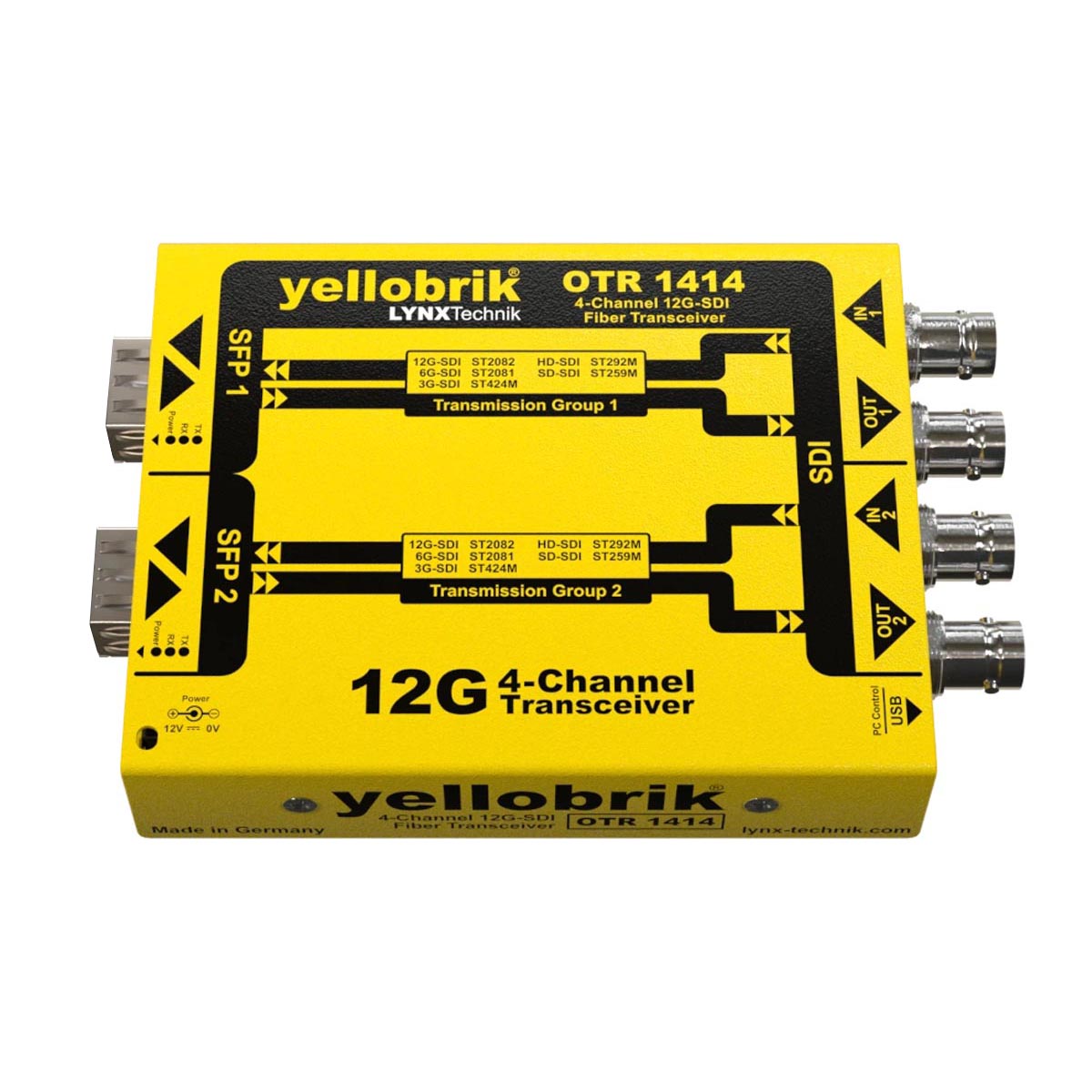 OTR1414 CW | LYNX Technik USA Yellow 12G 4-channel fiber transceiver module (OTR 1414) with four SDI ports labeled IN/OUT