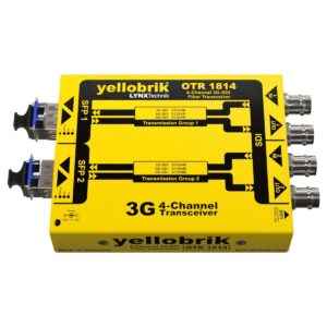Yellow Lynx Technik 3G/4-channel SDI fiber transceiver module (OTR 1814) with two SFP interfaces on the left and four SDI BNC outputs on the right.