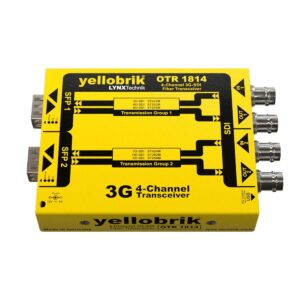 Yellow Yellobrik 4-channel SDI fiber transceiver (OTR 1814) for 3G-SDI, showing two transmission groups and BNC connectors on the right side.