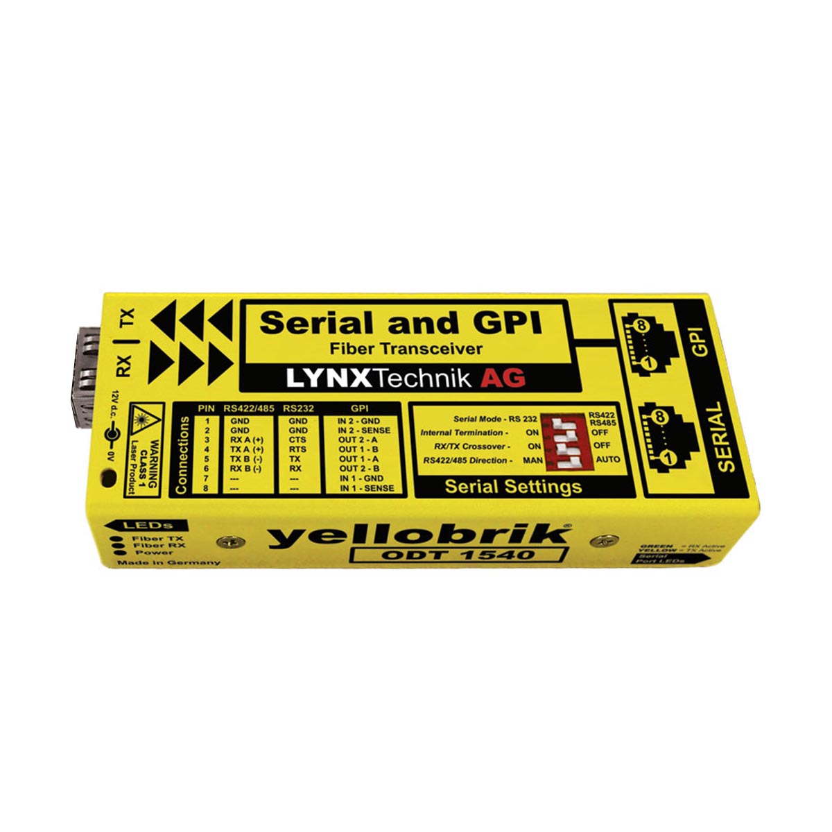 ODT 1540 | LYNX Technik USA Yellow Lynx Technik fiber transceiver module labeled 'Serial and GPI' with a detailed diagram on a yellow enclosure, used for fiber connections