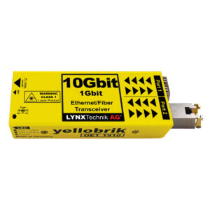 Yellow Lynx Technik 10Gbit Ethernet/Fiber transceiver module labeled Port 1–Port 2, made in Germany (OET 1910)