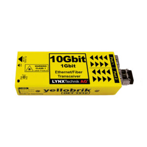 Yellow Lynx Technik 10Gbit Ethernet/Fiber transceiver module with Port 1-2 labels and connectors visible (Made in Germany)
