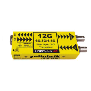 Yellow Lynx Technik 12G fiber optic SDI transceiver module with IN and OUT connectors at ends, used for video transmission