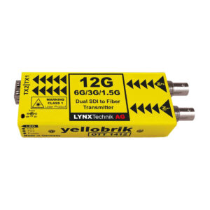 Yellow LynxTechnik dual SDI-to-fiber transmitter (12G) with BNC connectors on the right side, labeled 6G/3G/1.5G.