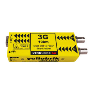 Yellow dual SDI to fiber transmitter module labeled '3G 10km' by Lynx Technik, with BNC connectors on the right side
