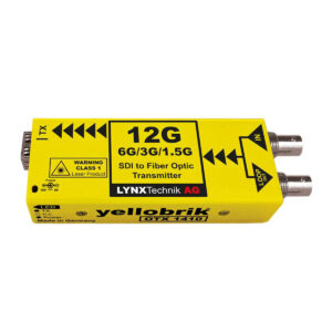 Yellowbrick 12G SDI-to-fiber optic transmitter module (12G/6G/3G/1.5G) by Lynx Technik AG, bright yellow with BNC connectors on the right side