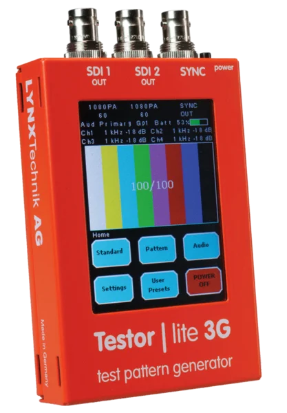 Testor lite 3G device displaying color bars for video testing.