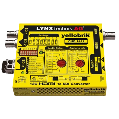 YellowBrik HDMI to SDI converter device with multiple ports and indicators.